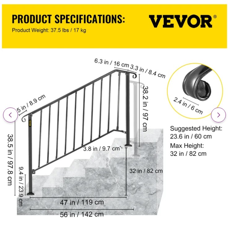 VEVOR Iron Handrail Picket Fits Stair Railing Hand Rail For Outdoor ...