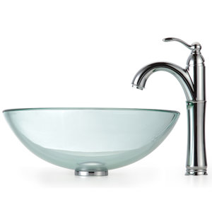 Clear Glass Glass Circular Vessel Bathroom Sink with Faucet