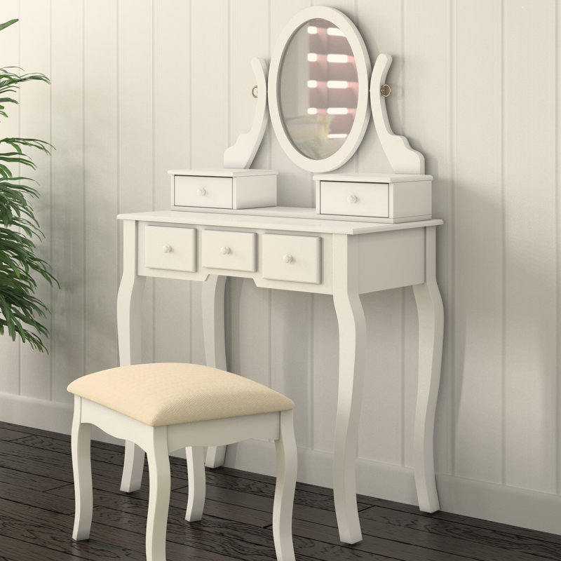 Beachcrest Home Zeke Wood Makeup Vanity Set with Mirror