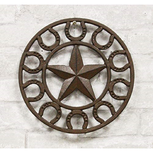 Millwood Pines 10 Diameter Western Lone Star With Horseshoes Border Cast Iron Metal Round Trivet Southwest Rustic Country Ranch Cowboy Vintage Decorative Accent For Wall Or Table Furniture