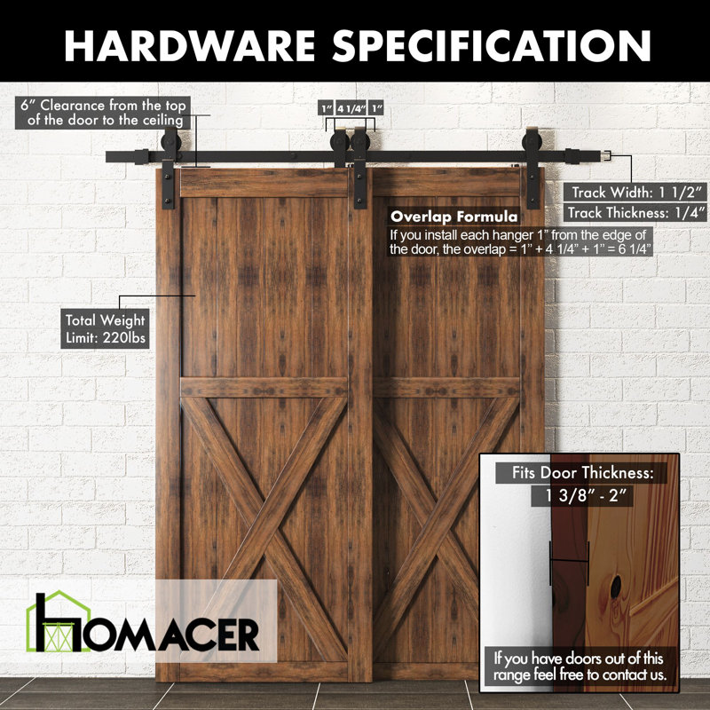 Homacer Classic Design Single Bypass Barn Door Hardware Kit