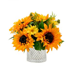 Mixed Sunflower Bouquet in Diamond Cut Glass Vase
