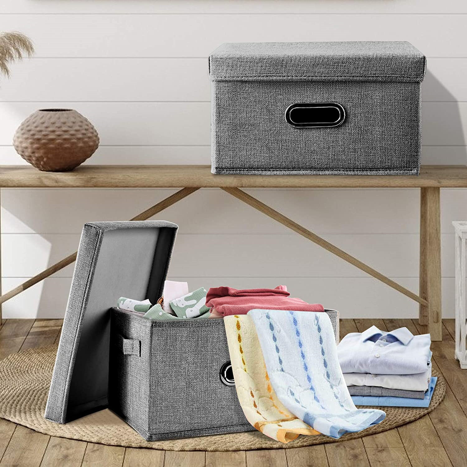 Rebrilliant Small Foldable Storage Bins With Lid 1 Pack Linen Fabric Storage Bin Collapsible Storage Box Basket With Lids For Bedroom Clothes Storage Containers For Home Bedroom Closet Gray Small Wayfair