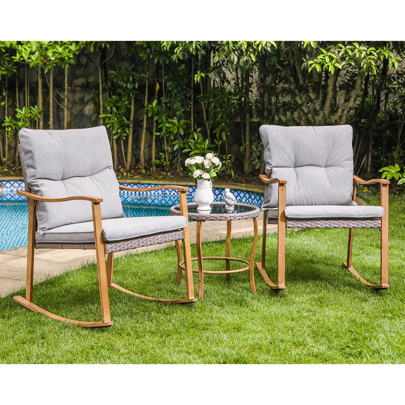 Highland Dunes 3 Piece Outdoor Patio Furniture Faux Woodgrain Rocking Chairs Warm Gray Cushions Round Glass Top Table Bistro Set Reviews Wayfair
