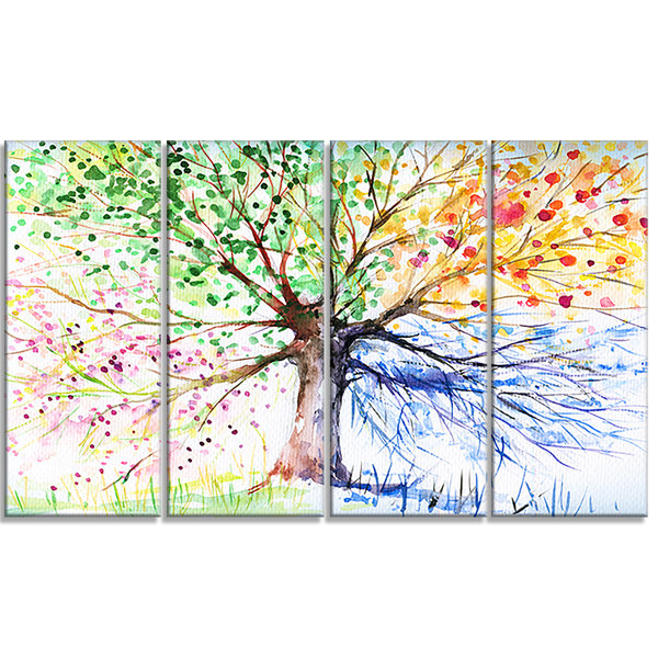 Designart Four Seasons Tree Floral 4 Piece Painting Print On