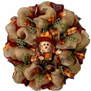 Welcome Scarecrow Burgundy and Straw Harvest Or Halloween Deco Mesh Handmade Wreath