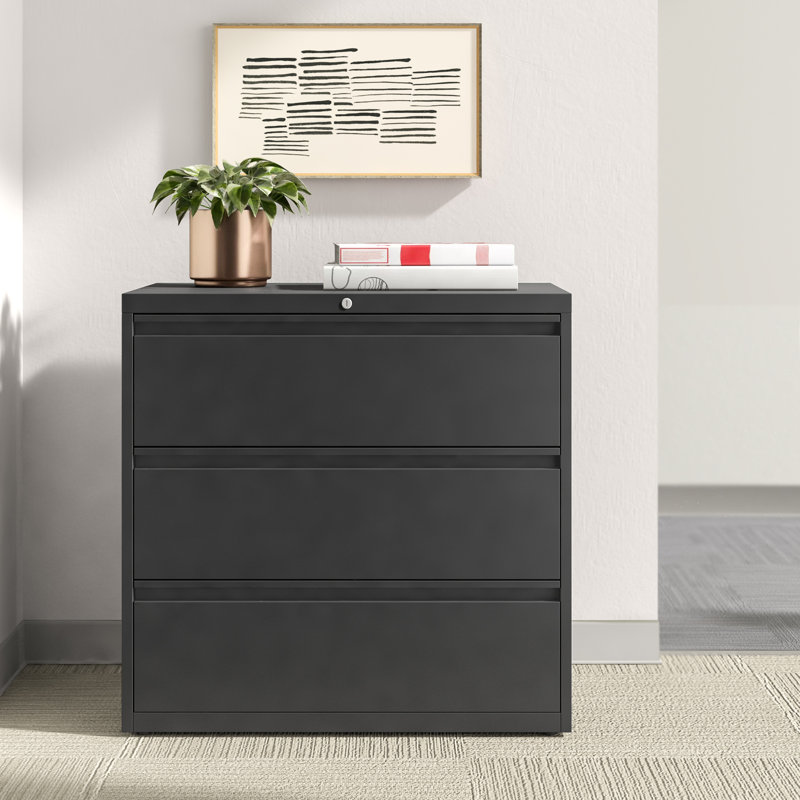 Black Lateral File Cabinet With Lock Steel Construction Heavy Duty 3 Drawers Filing Cabinet
