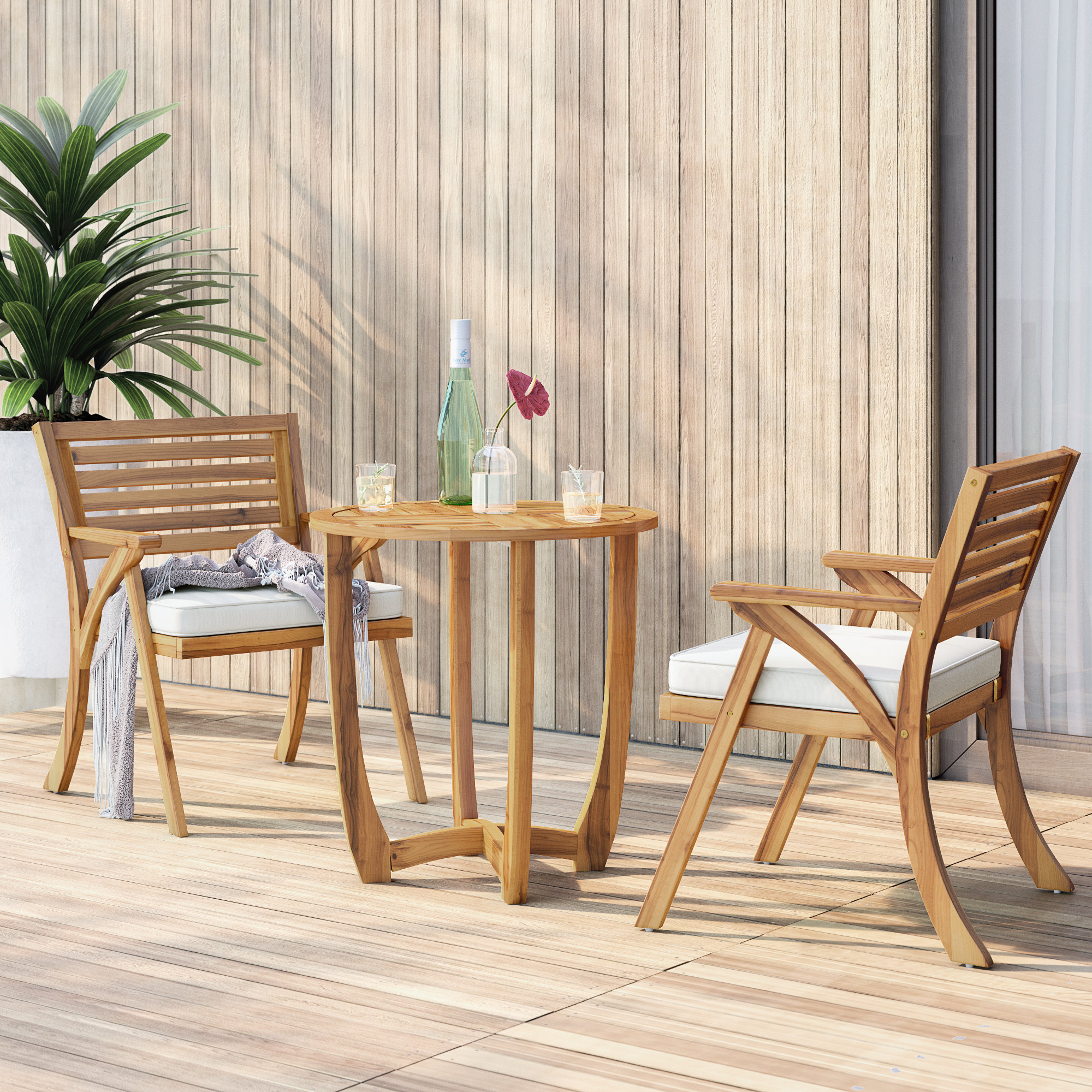 Mercury Row 3 Piece Teak Bistro Set With Cushions Reviews Wayfair