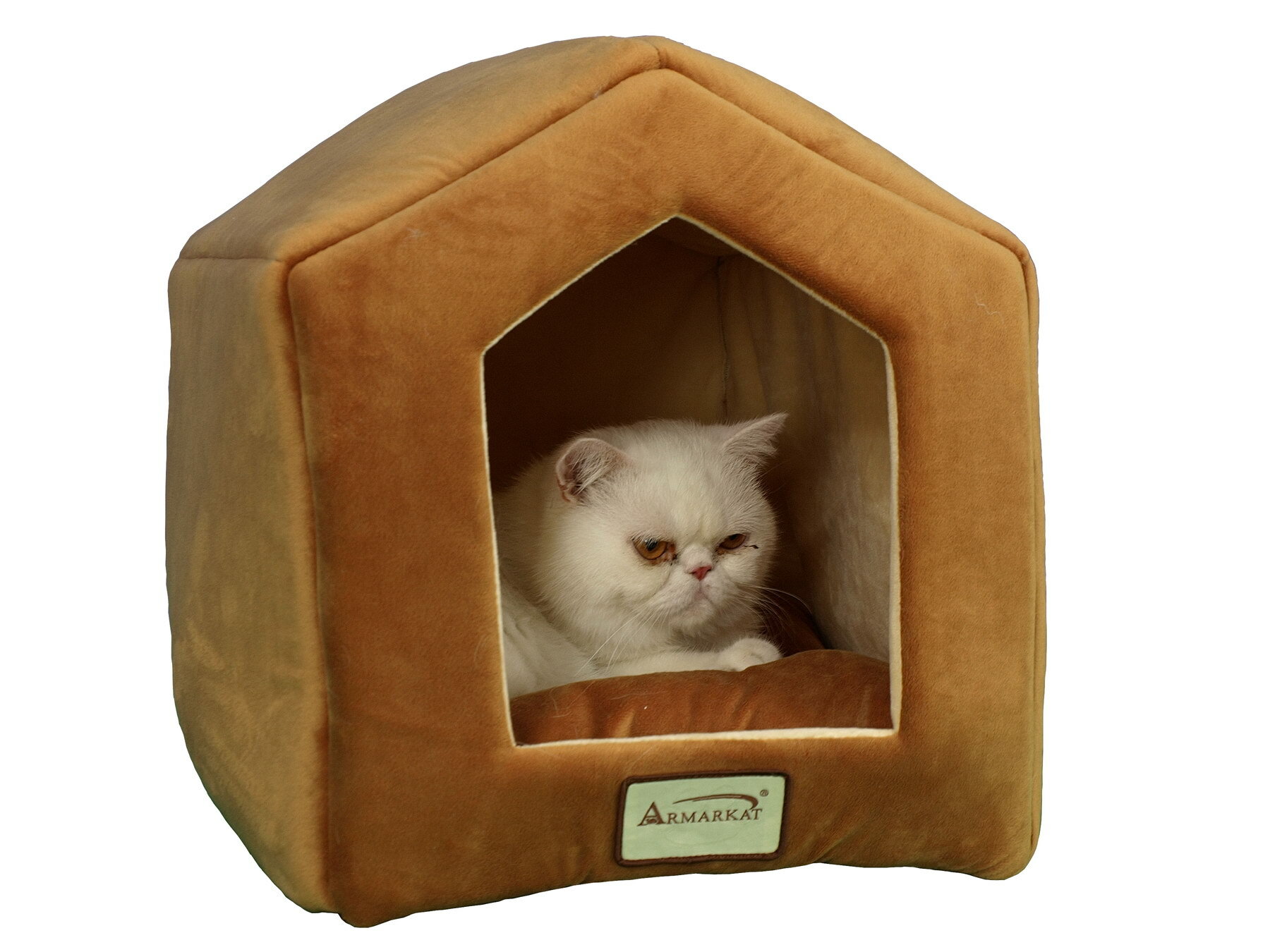 Armarkat Soft Velvet Cat Kitten Pet Hooded House Cave Bed Brown//Beige