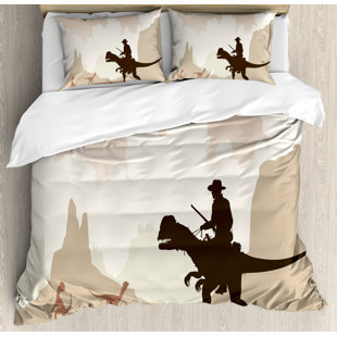western cowboy riding a dinasour primedieval landscape fantastic prehistoric duvet set - Western Bedding western cowboy riding a dinasour primedieval landscape fantastic prehistoric duvet set - Western Bedding