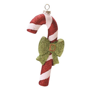 Merry and Bright Glitter Shatterproof Candy Cane Christmas Ornament with Green Glitter Bow