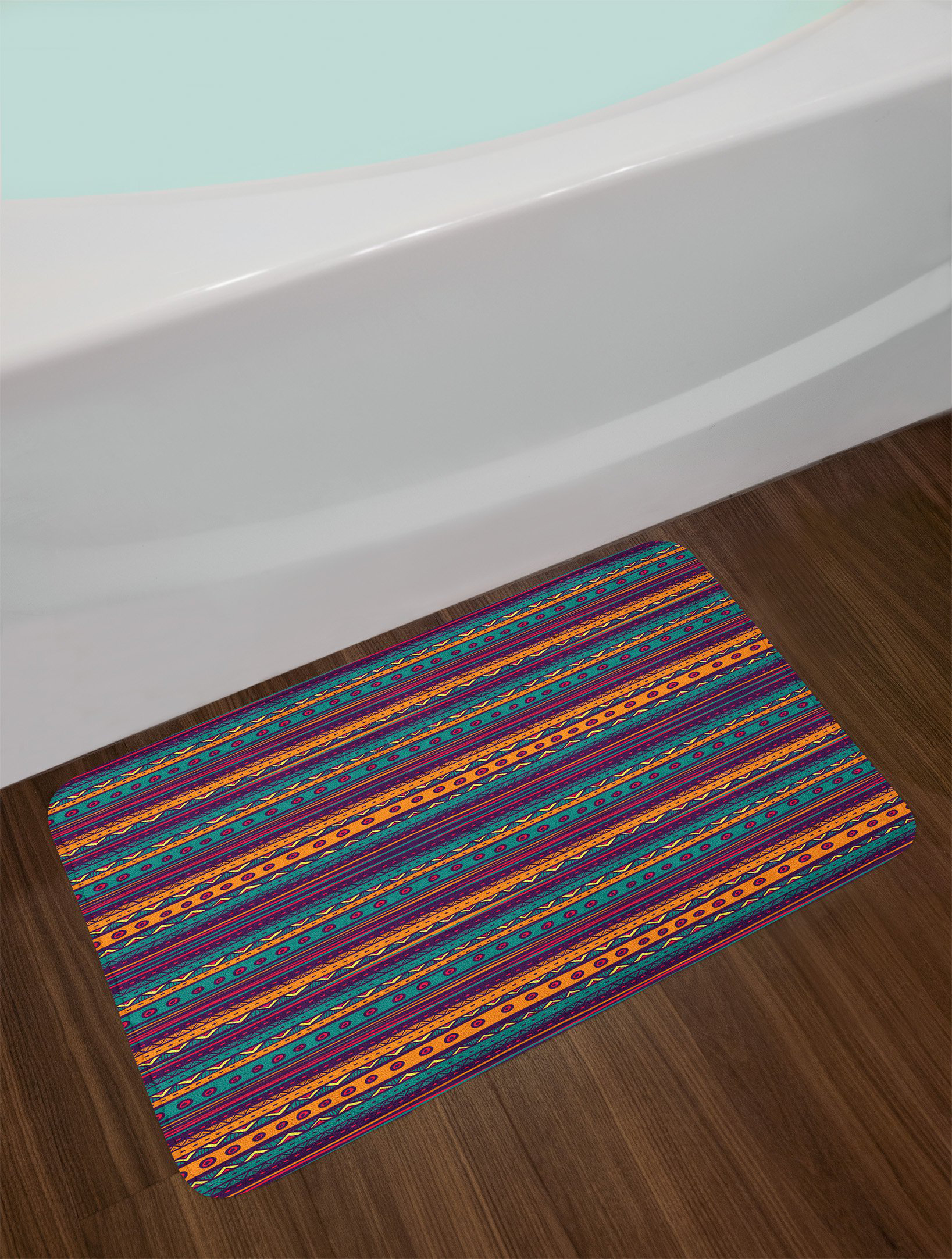 East Urban Home Striped Teal Plum and Orange Tribal Bath Rug Wayfair