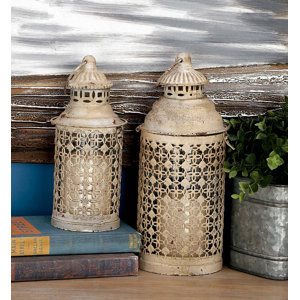 2 Piece Metal and Glass Lantern Set