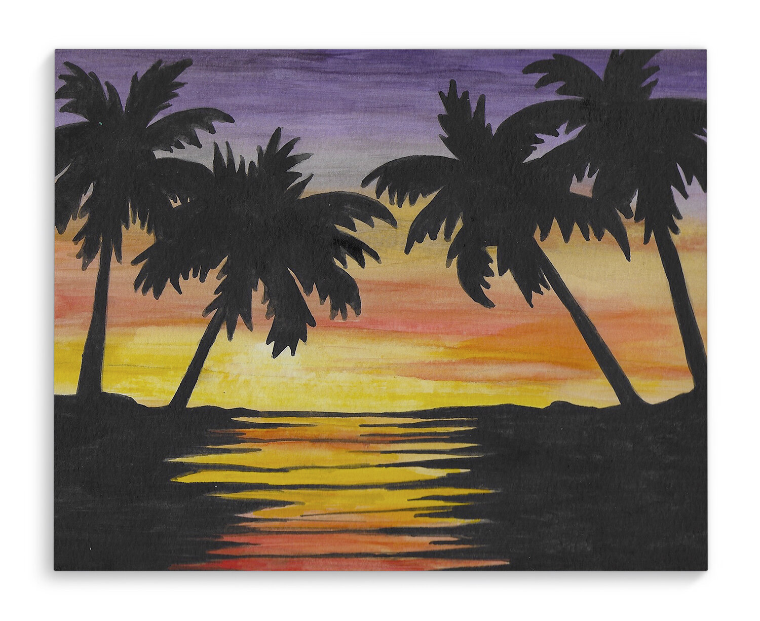 Hand painted Sunset beach on little canvas Original painting with easel Small painting Summer painting for decor Palm trees sunset scene