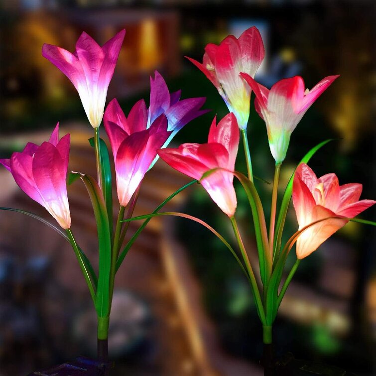 2 Pcs Lily Flower Solar Powered Garden Stake Light Multi-color Change LED Light 