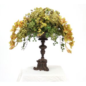 Silk Foliage and Floral Mix on Ornate Espresso Pedestal