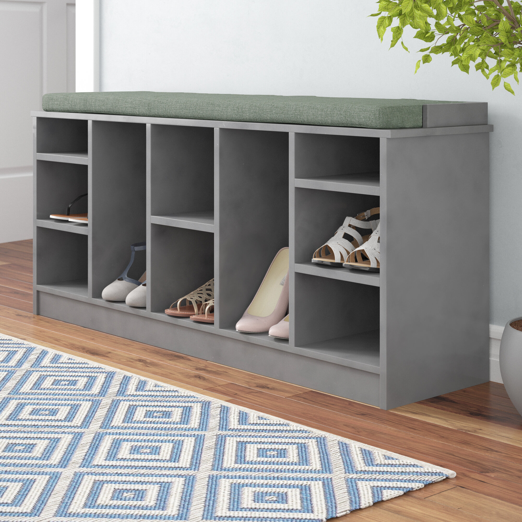 Home Source Shoe Bench Hallway Storage Cabinet With Padded Seat Grey 8 Compartment