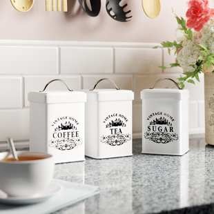 Set //4 Tin Food Safe French English Canisters Flour Sugar Coffee Tea