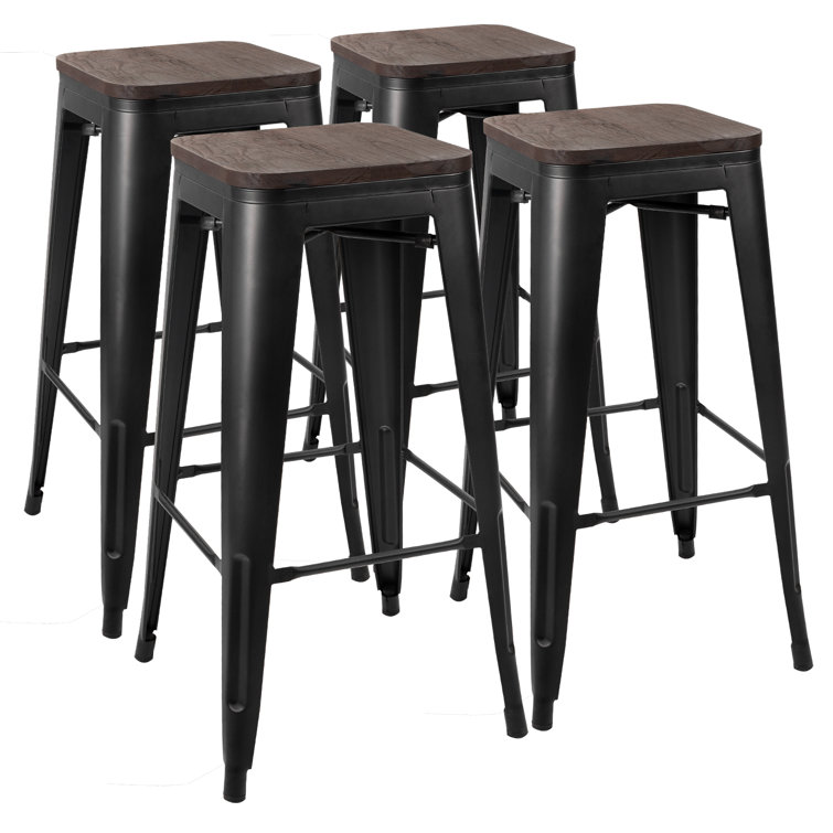 Black with Brushed Gold Finish Set of 6 GIA 30-Inch Bar Height Metal Stool Chair with Dark Wood Seat Black with Brushed Gold Finish Set of 6 GIA 30-Inch Bar Height Metal Stool Chair with Dark Wood Seat