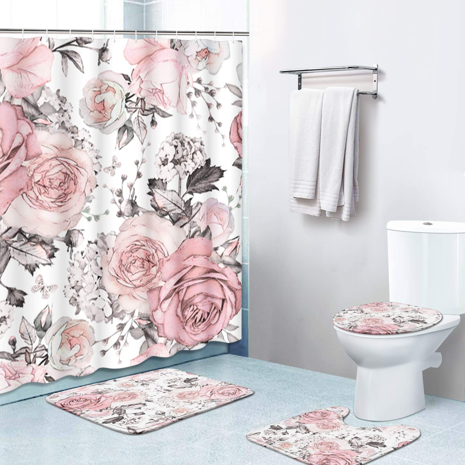 4Pcs Pink Rose Butterfly Shower Curtain Non-Slip Soft Bath Mat Toilet Cover Rugs 