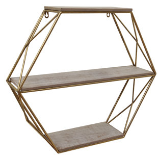 Set of 3 Hexagon Wall Shelves Industrial Style Metal Wood Shelving Shelf