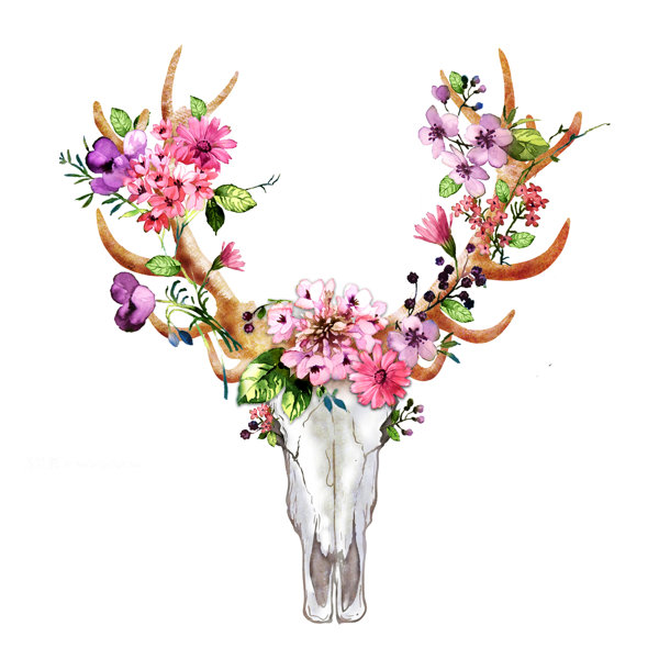 Bungalow Rose Rustic Deer Skull With Flowers Oil Painting Print On Wrapped Canvas Wayfair