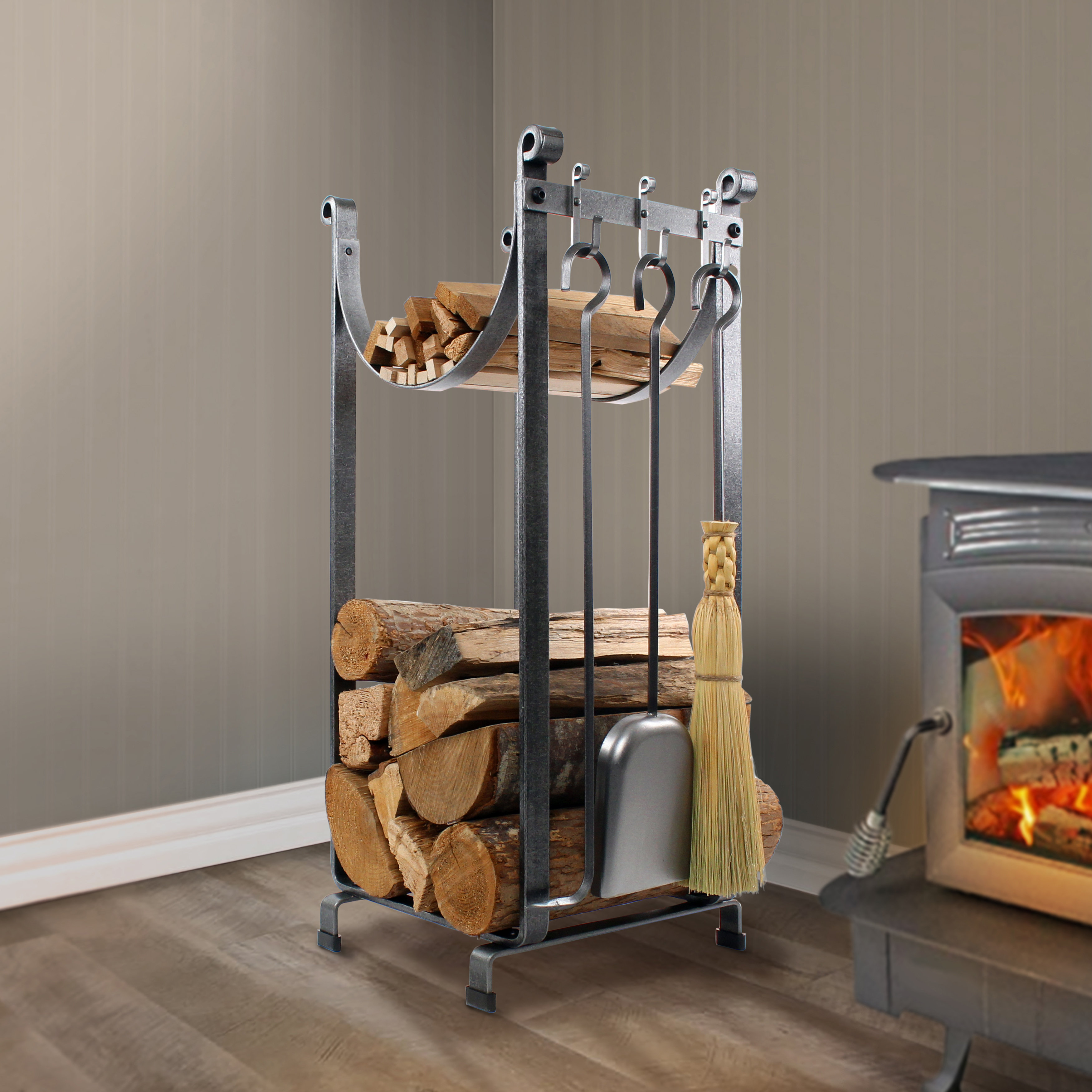 Enclume 3 Piece Steel Fireplace Tool Set With Log Rack Reviews Steel Fireplace Tool Set With Log Rack
