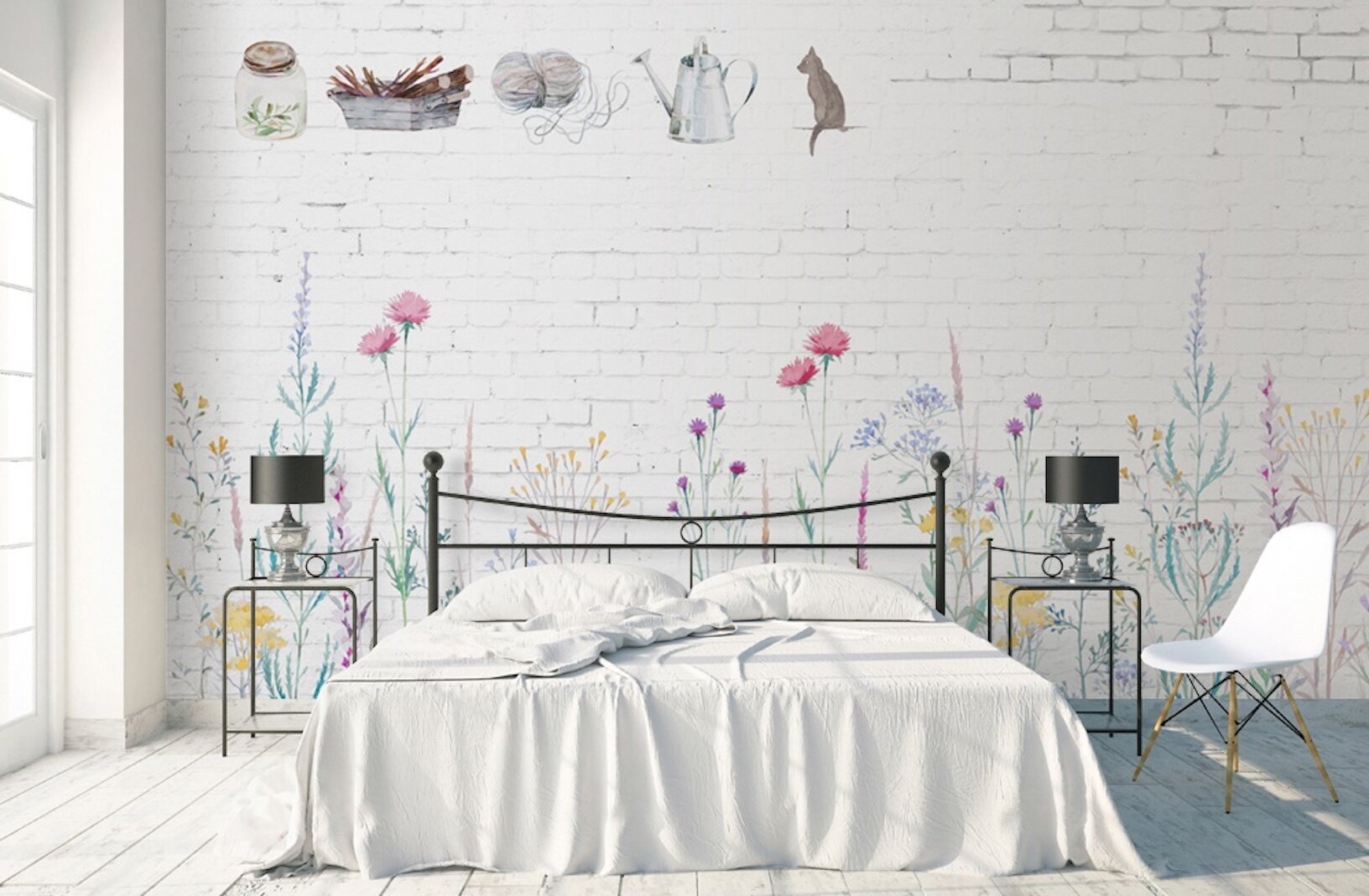 Gracie Oaks Ruso Watercolor Floral Colorful Plants White Brick Wall Mural Wayfair