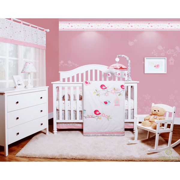 New Baby Girls Happy Bird Pink 8pcs Crib Bedding Set with musical mobile