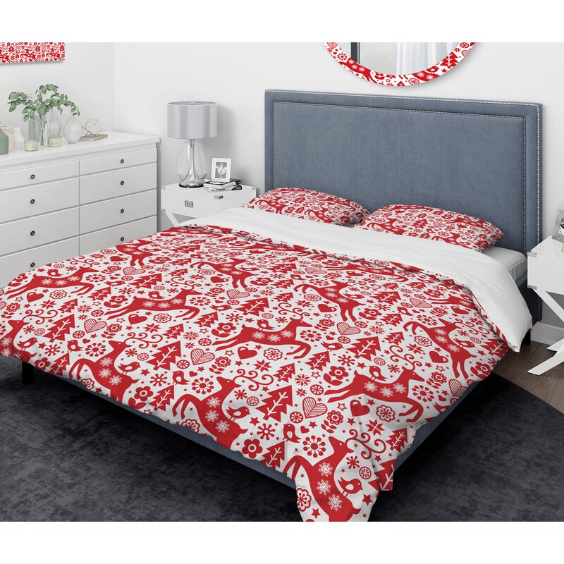 Nordic Christmas Double Duvet Cover And Pillowcase Set Red Bedding
