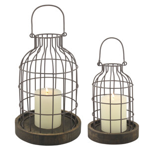 Stonebriar 2 Piece Metal/Wood Cloche Lantern Set