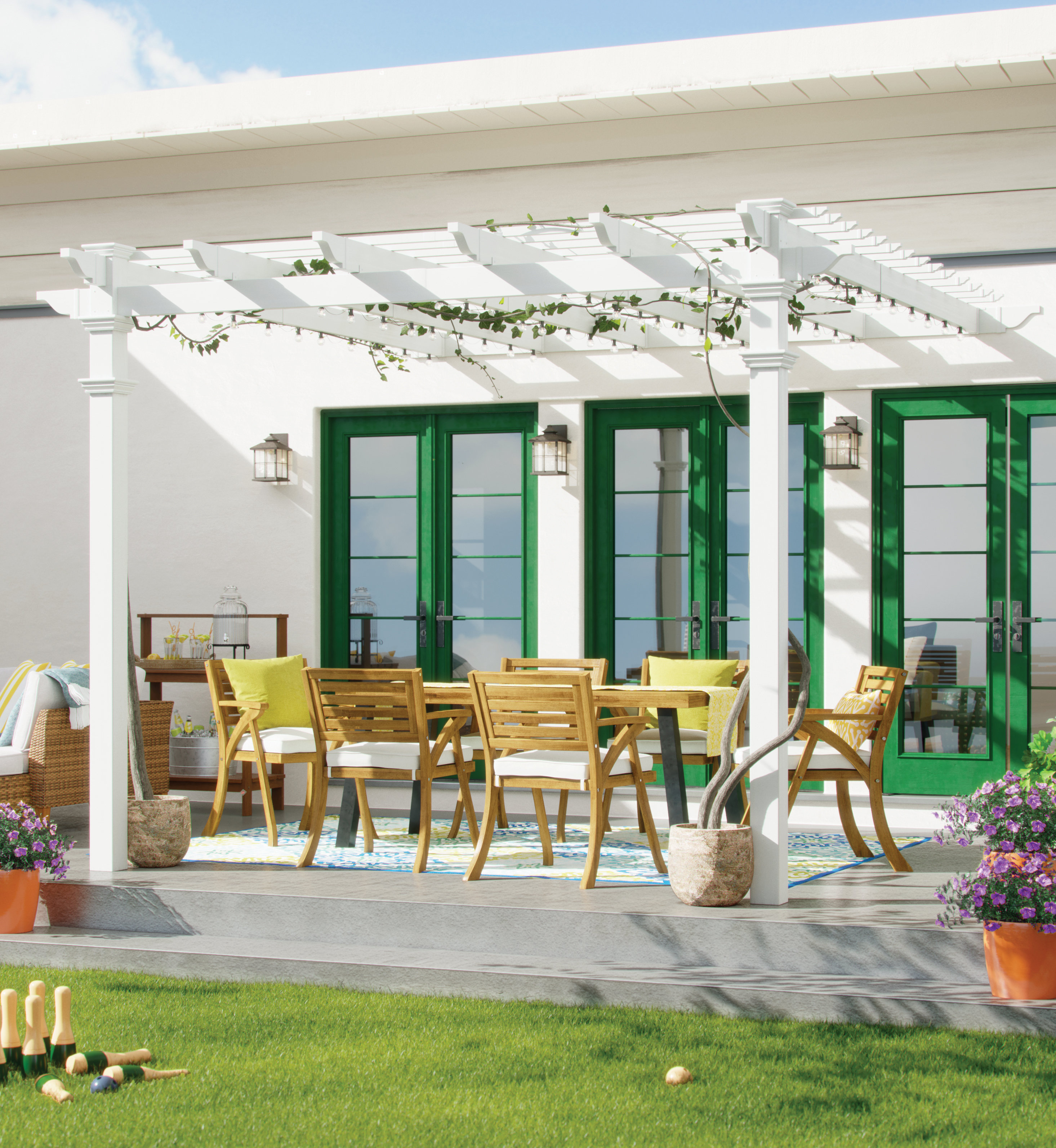 a vine-covered white pergola over an outdoor dining set
