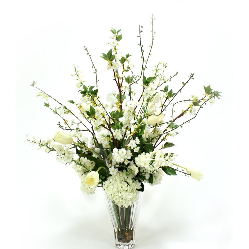 Rosecliff Heights Cherry Blossom Floral Arrangement in Vase | Wayfair