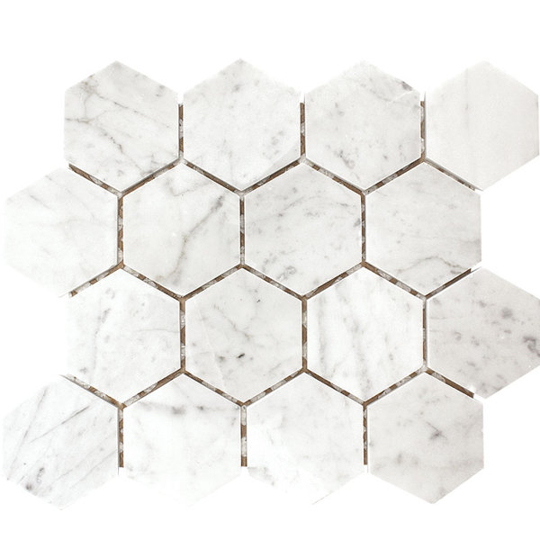 Carrara Hexagon 3 x 3 Stone Mosaic Tile in White Polished by Parvatile