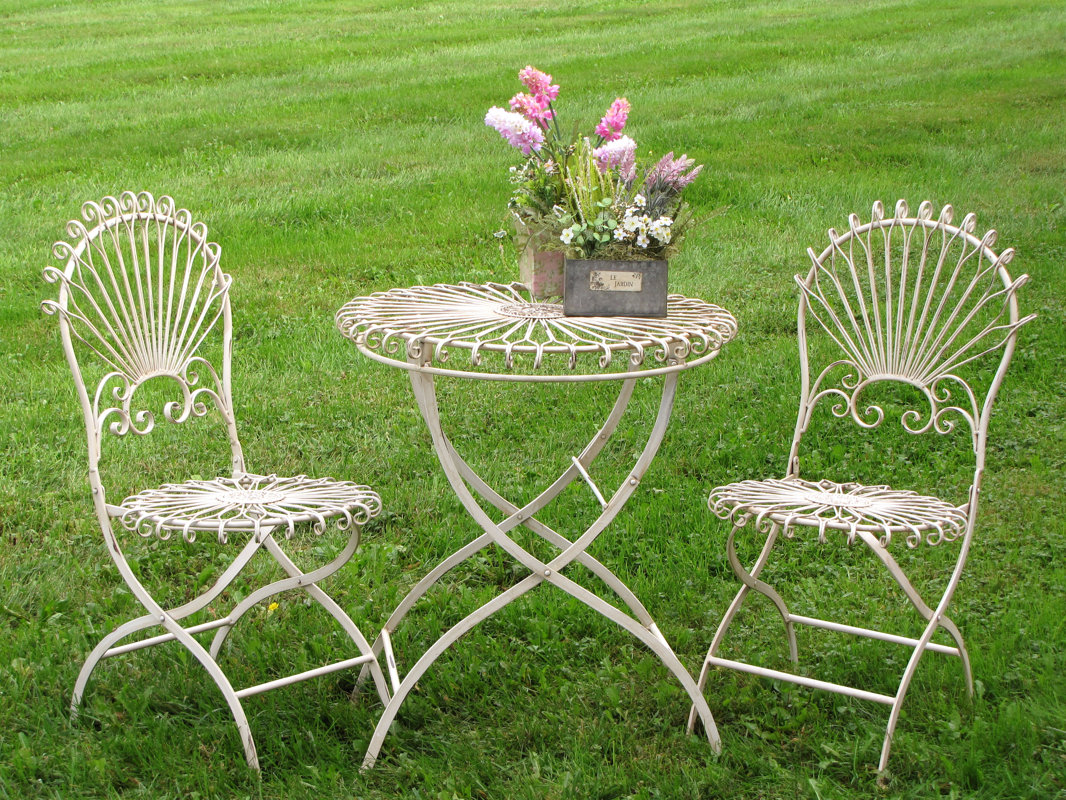 White Vintage Style 3 Piece Bistro Set. Steal this Look! Collected European Farmhouse Home Decor #bistroset #vintagestyle