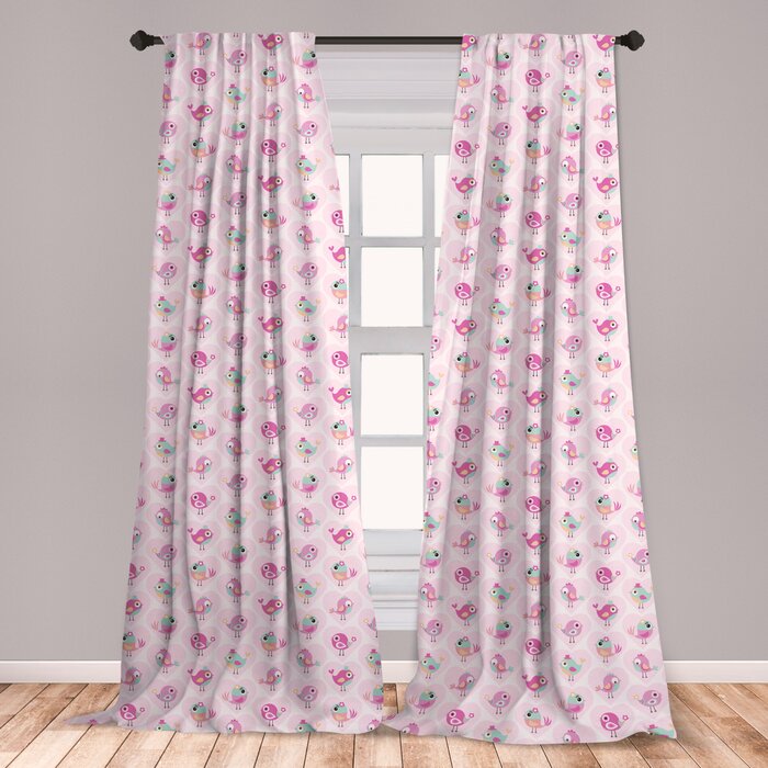 Ambesonne Love Curtains Funny Birds In Pink Hearts With Hats And Flowers Joyful Childish Window Treatments 2 Panel Set For Living Room Bedroom