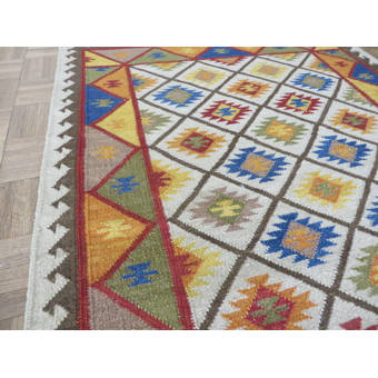 Bloomsbury Market One Of A Kind Oavia Geometric Reversible Handmade Kilim 4 X 6 Wool Blue Orange Area Rug Wayfair