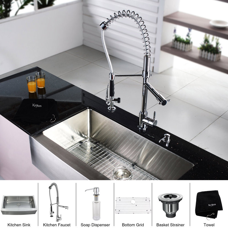 Kraus 36" x 21" Farmhouse Kitchen Sink with Faucet and Soap Dispenser