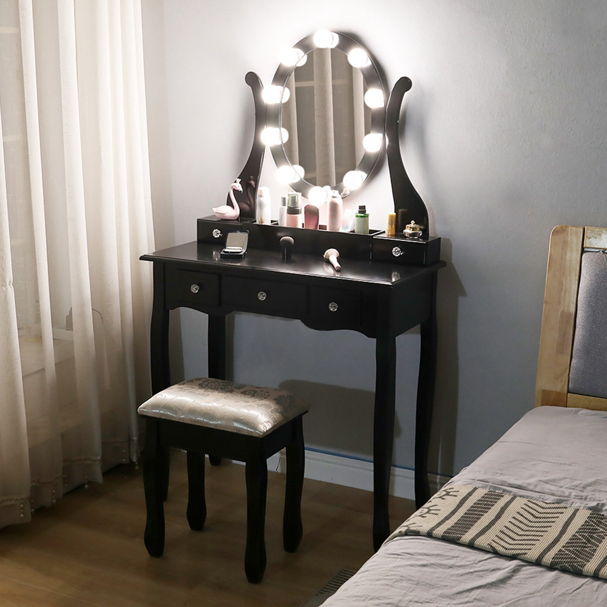LED Lighted Vanity Table Set Makeup Dressing Table with Mirror & Stool Black