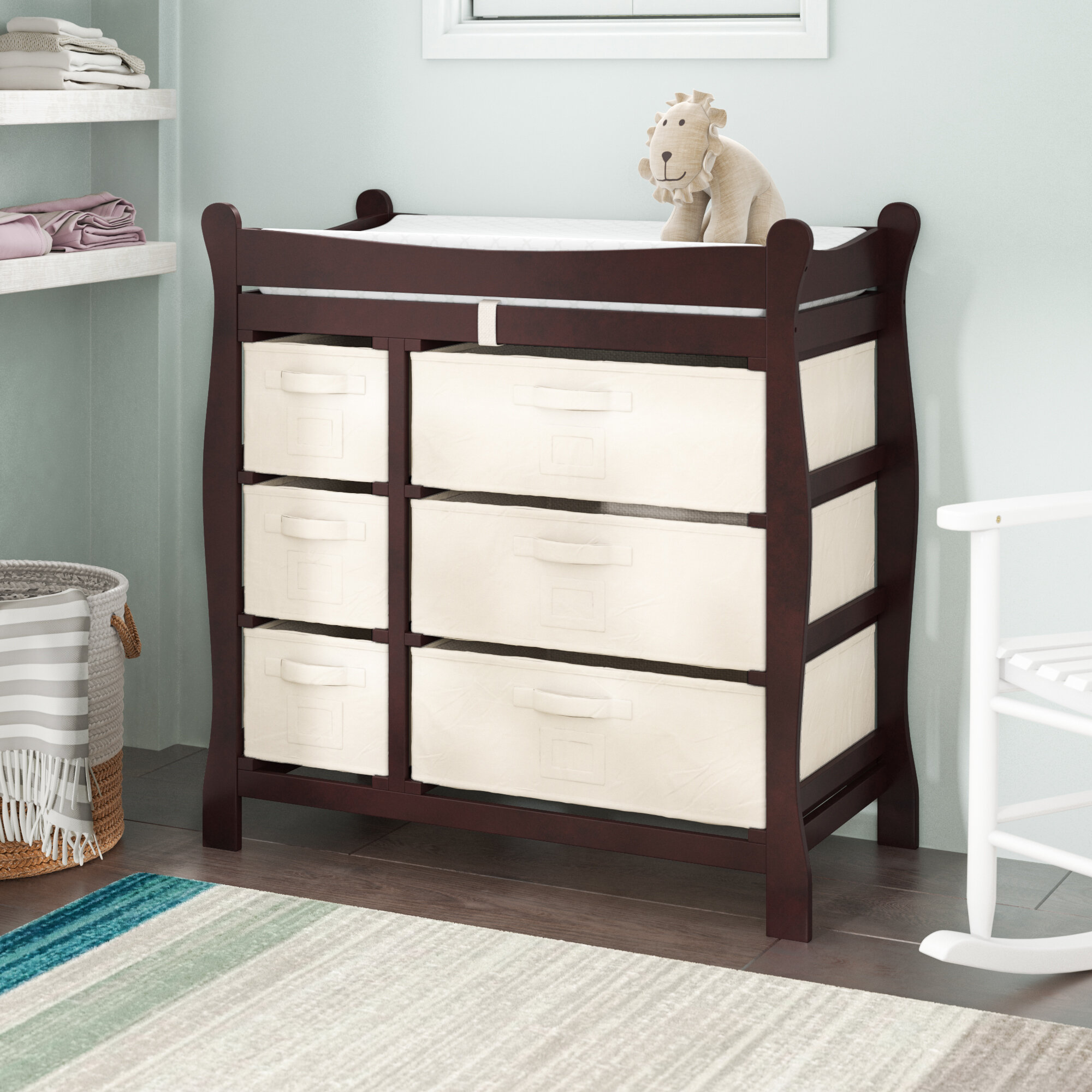 White Sleigh Style Baby Changing Table Diaper 6 Basket Drawer Storage Nursery Nursery Furniture Baby