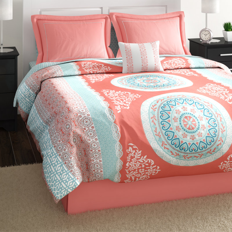 Trendy Teen Modern Graphic Paisley Coral Gray White Comforter Set Pillows