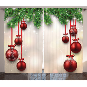 Christmas Decorations Xmas Winter Season Theme Fir Twigs and Vibrant Balls Graphic Print Graphic Print & Text Semi-Sheer Rod Pocket Curtain Panels (Set of 2)