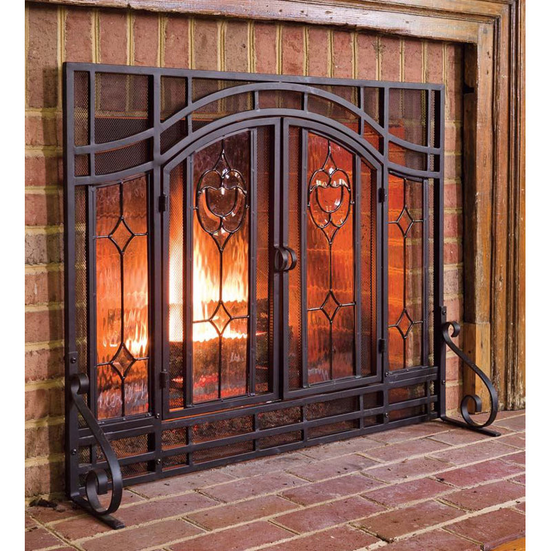 Plow & Hearth TwoDoor Fireplace Screen with Glass Floral Panels