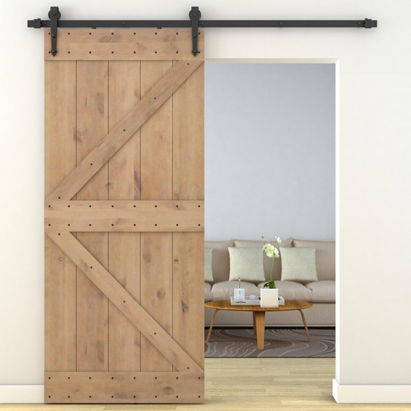 Primed Sliding Knotty Solid Wood Panelled Alder Interior Barn Door by Calhome