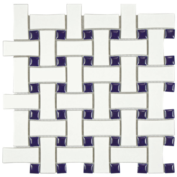 Retro Basket Weave Random Sized Porcelain Mosaic Tile in White and Cobalt by EliteTile