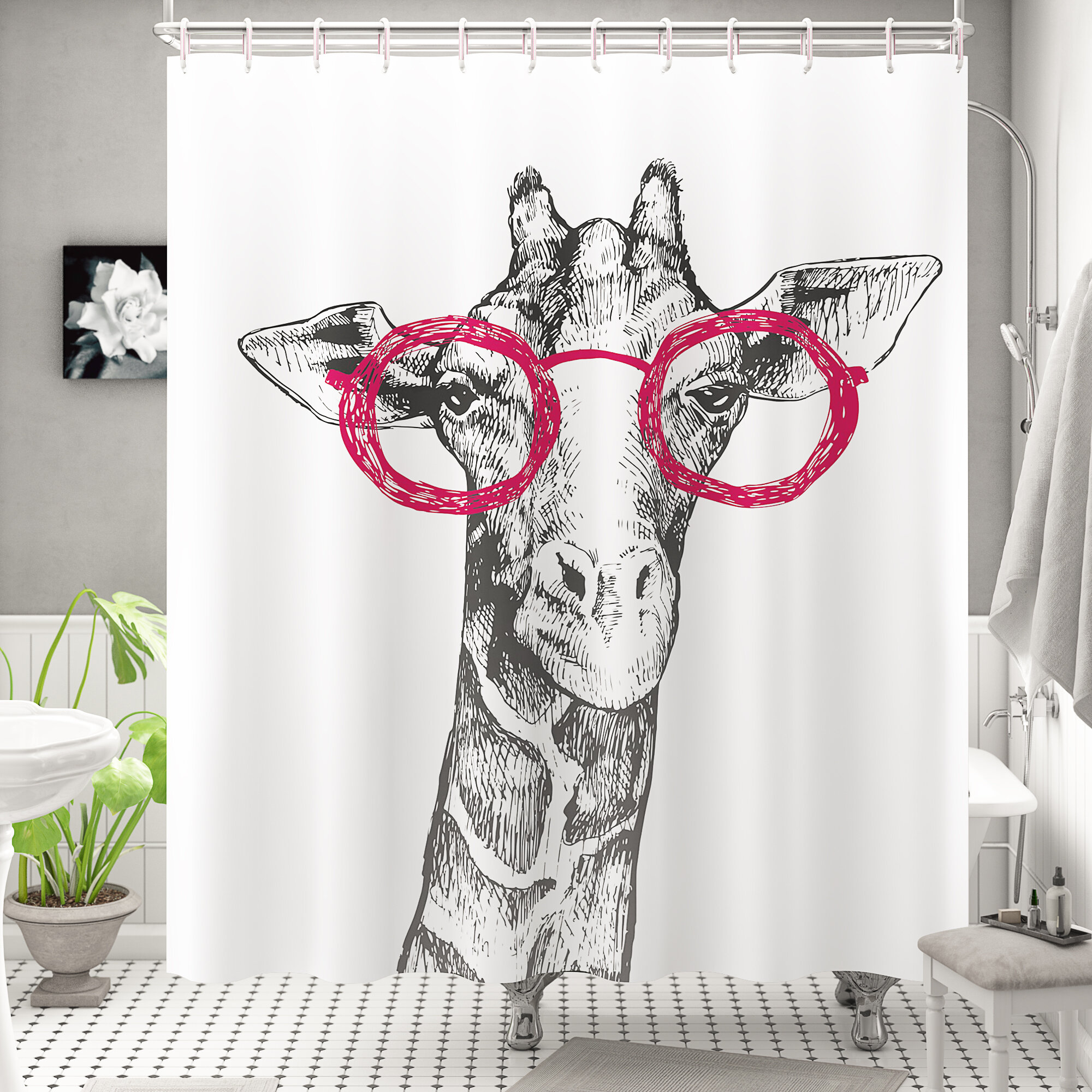 Funny Giraffe Cute Cartoon Animal Green Leaves Waterproof Shower Curtain Set 72"