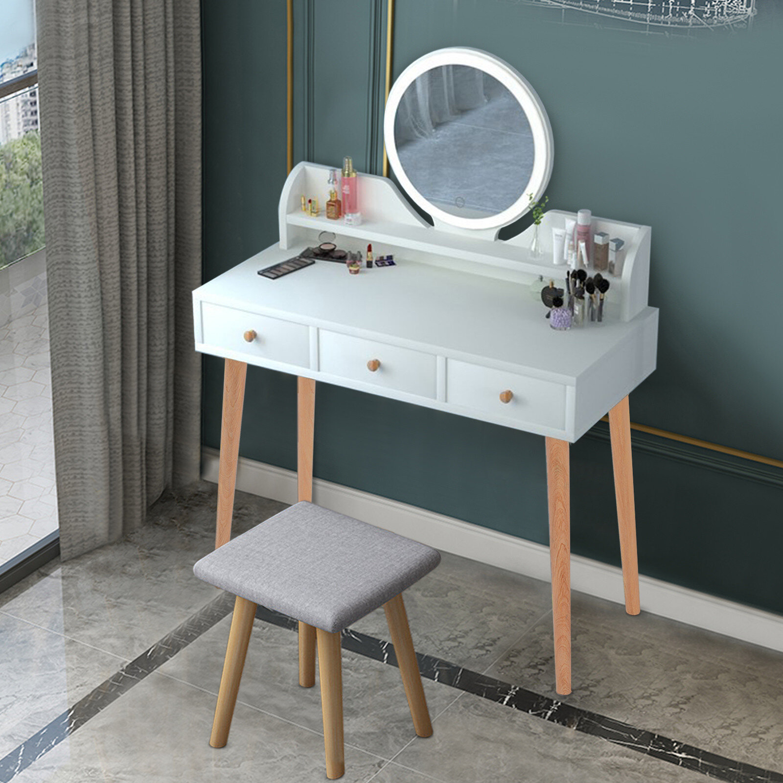 George Oliver South Perth Vanity Set With Stool And Mirror Wayfair