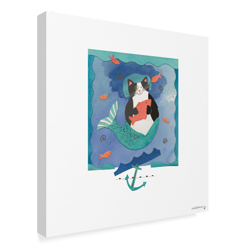 East Urban Home Tuxedo Mermaid Cat Watercolor Painting Print On