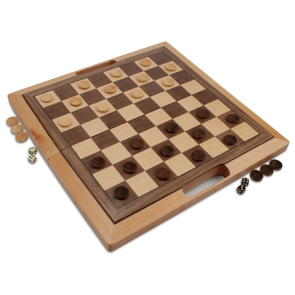 Checkers and Backgammon Game Set 10 Inch Wooden 3-in-1 Chess with Folding Board 