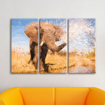 East Urban Home Beautiful Elephant Spraying Water 3 Piece Graphic Art Print Set On Canvas Wayfair Co Uk